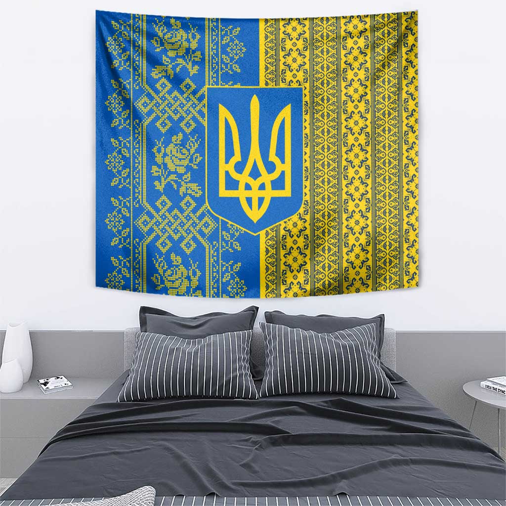 Ukrainian Flag Colors Tapestry with Trident Crest and Traditional Folk Pattern