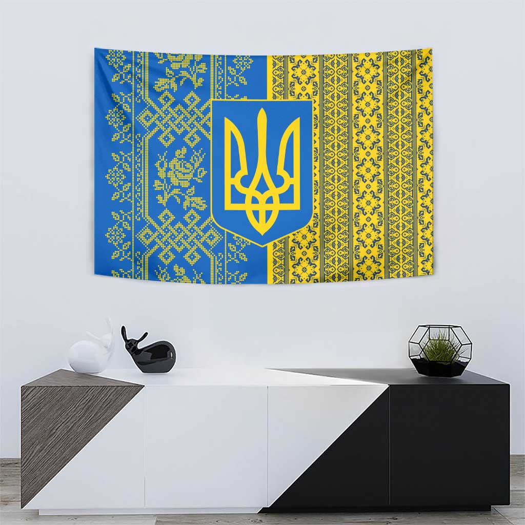 Ukrainian Flag Colors Tapestry with Trident Crest and Traditional Folk Pattern