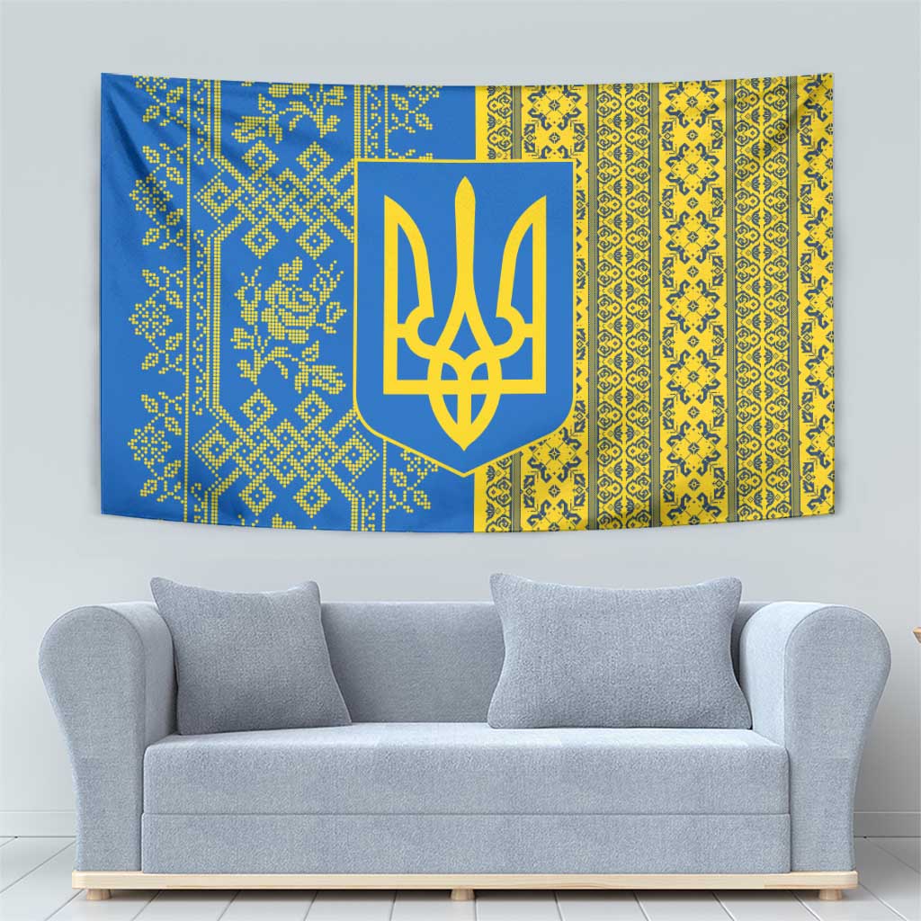 Ukrainian Flag Colors Tapestry with Trident Crest and Traditional Folk Pattern