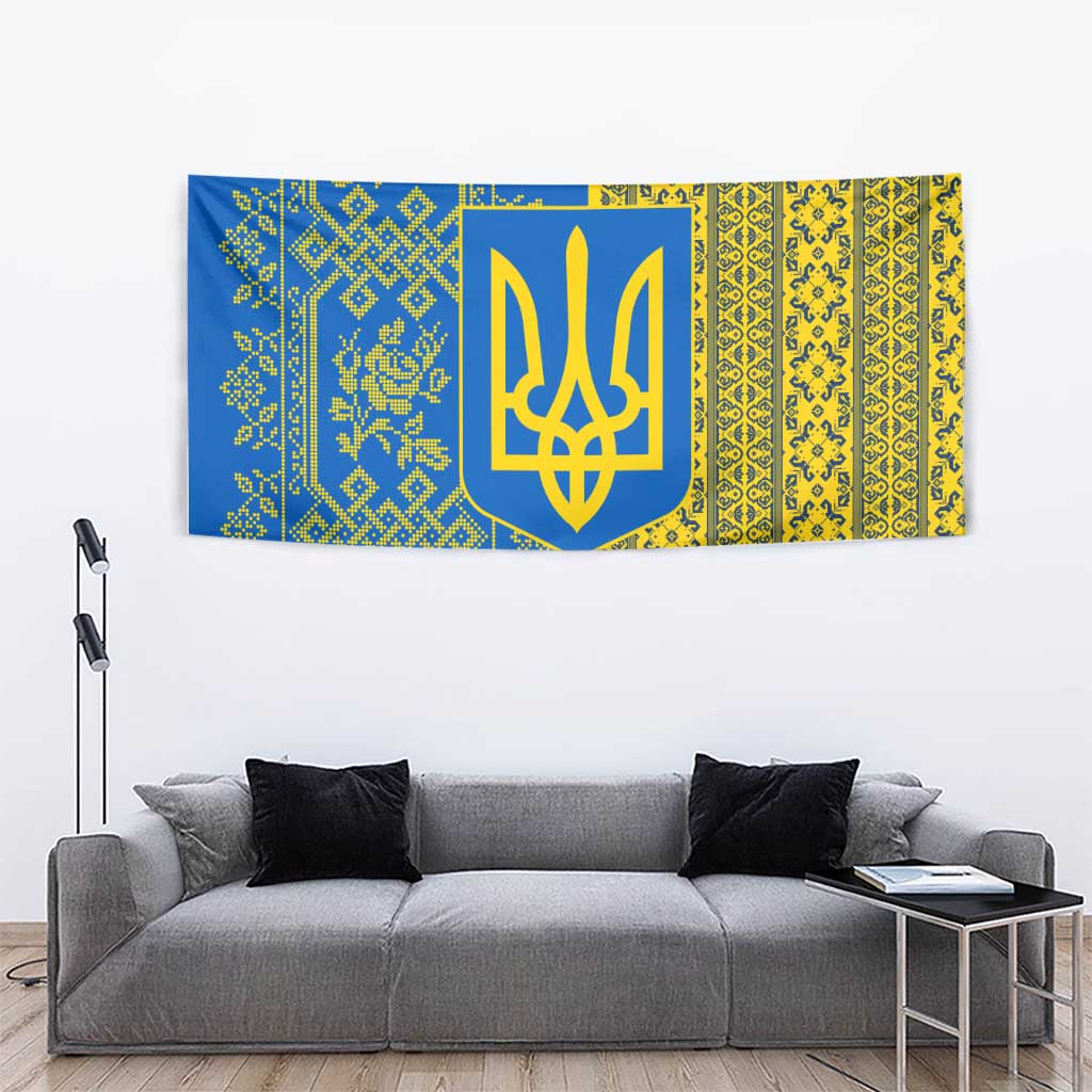 Ukrainian Flag Colors Tapestry with Trident Crest and Traditional Folk Pattern