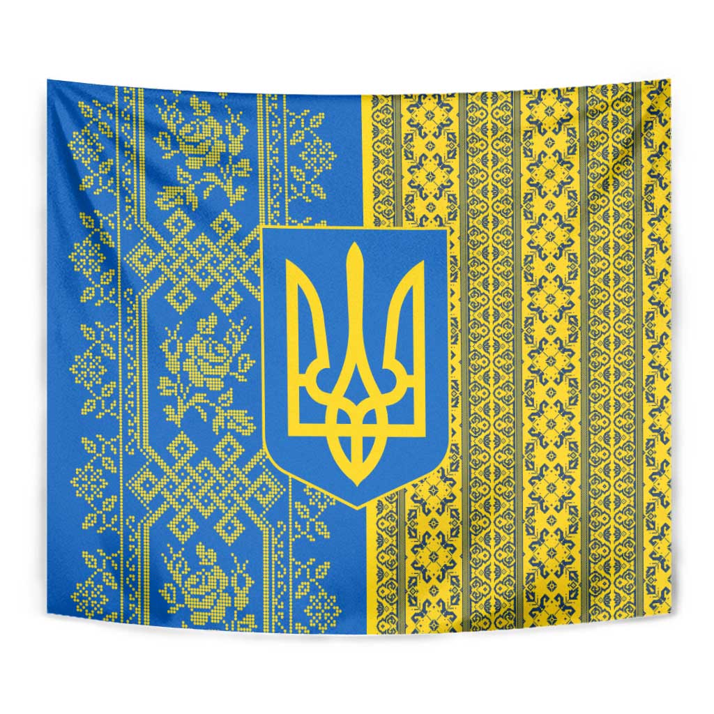 Ukrainian Flag Colors Tapestry with Trident Crest and Traditional Folk Pattern