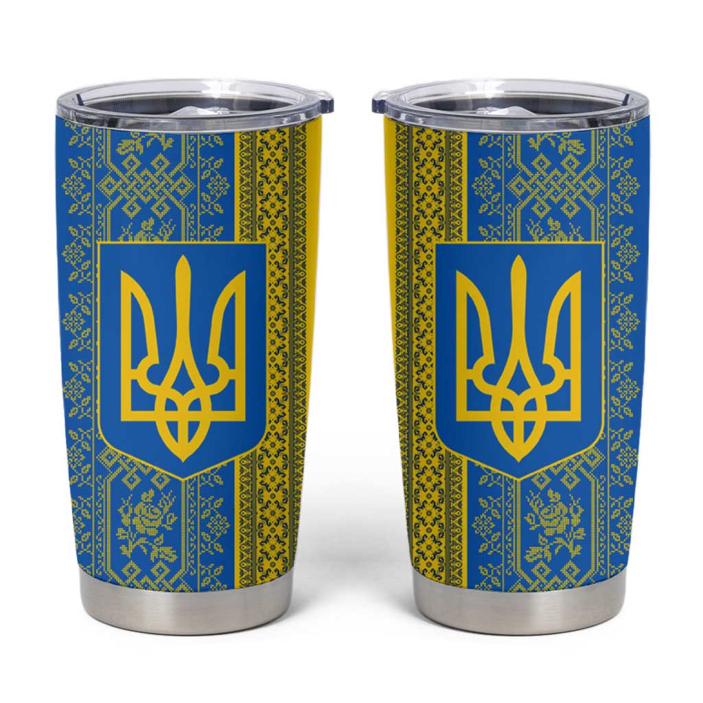 Ukrainian Flag Colors Tumbler Cup with Trident Crest and Traditional Folk Pattern