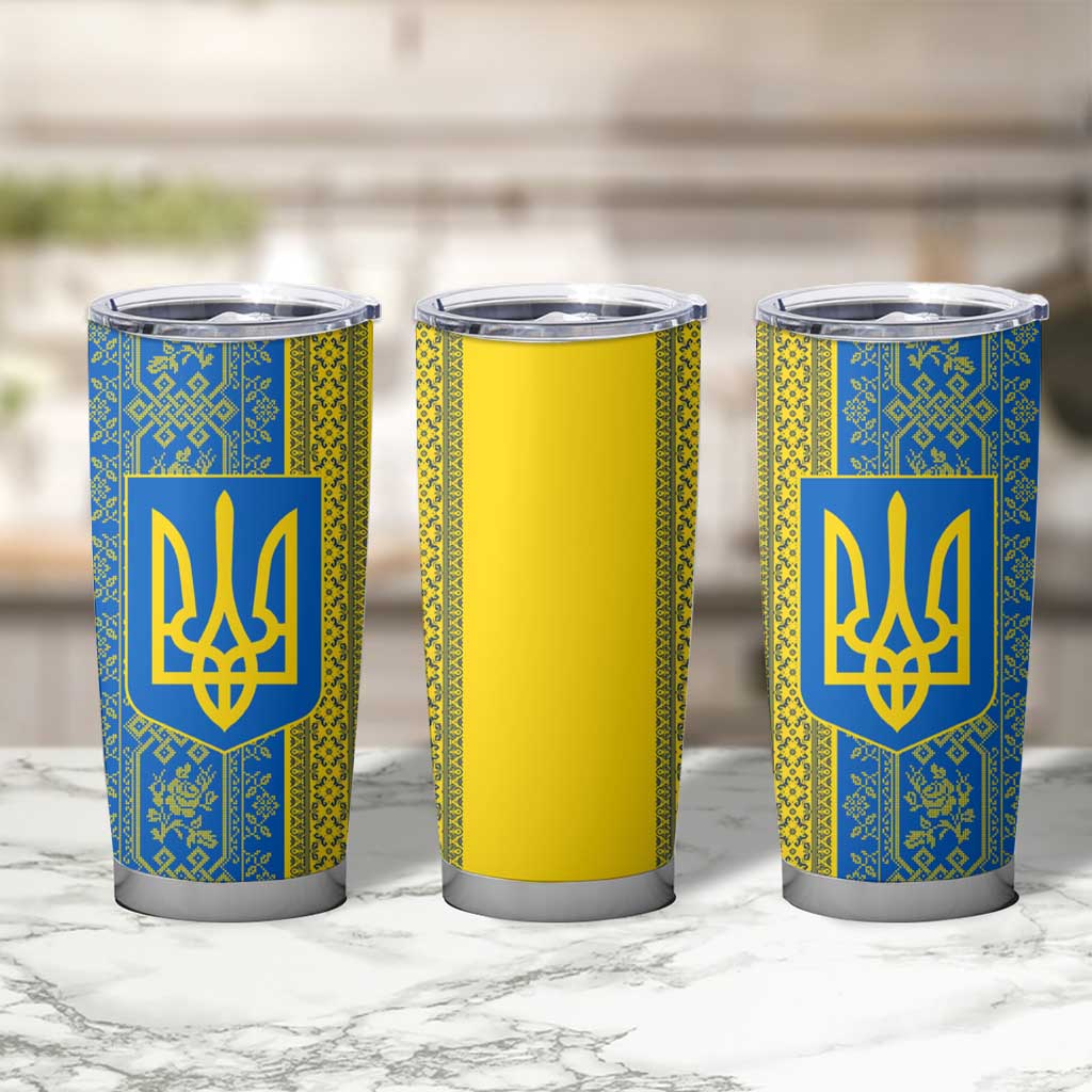 Ukrainian Flag Colors Tumbler Cup with Trident Crest and Traditional Folk Pattern
