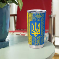Ukrainian Flag Colors Tumbler Cup with Trident Crest and Traditional Folk Pattern