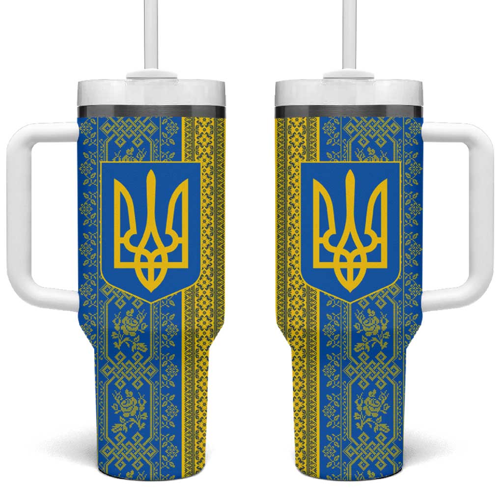 Ukrainian Flag Colors Tumbler With Handle with Trident Crest and Traditional Folk Pattern