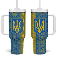 Ukrainian Flag Colors Tumbler With Handle with Trident Crest and Traditional Folk Pattern