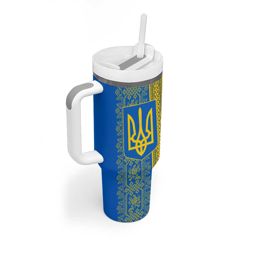Ukrainian Flag Colors Tumbler With Handle with Trident Crest and Traditional Folk Pattern