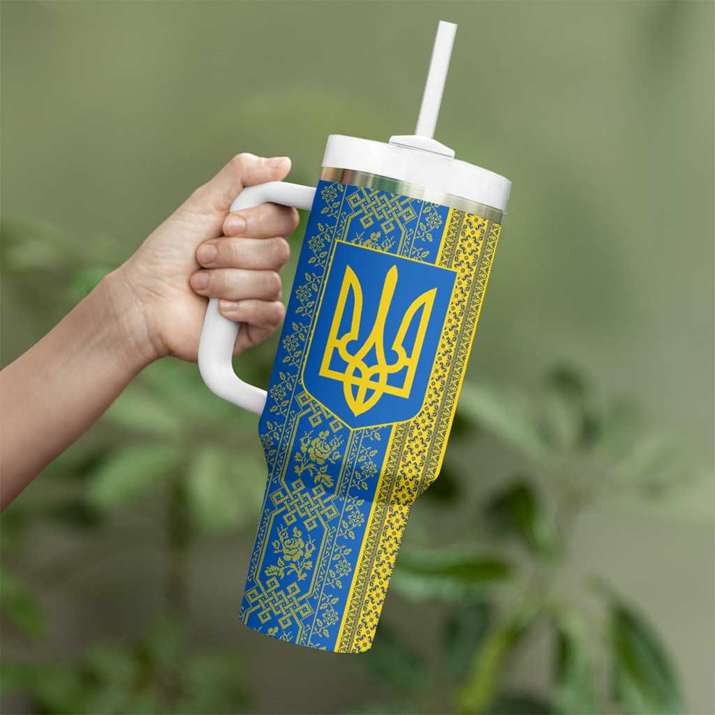 Ukrainian Flag Colors Tumbler With Handle with Trident Crest and Traditional Folk Pattern