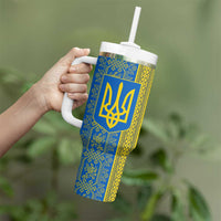 Ukrainian Flag Colors Tumbler With Handle with Trident Crest and Traditional Folk Pattern