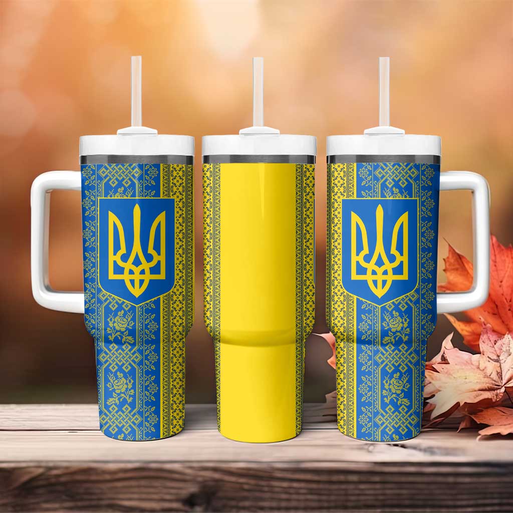 Ukrainian Flag Colors Tumbler With Handle with Trident Crest and Traditional Folk Pattern