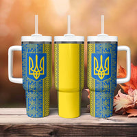Ukrainian Flag Colors Tumbler With Handle with Trident Crest and Traditional Folk Pattern
