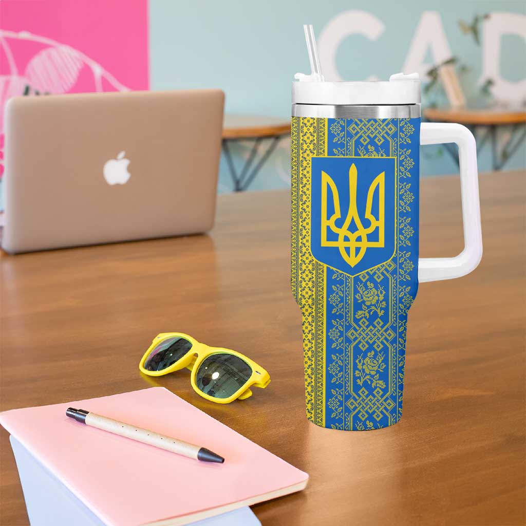 Ukrainian Flag Colors Tumbler With Handle with Trident Crest and Traditional Folk Pattern