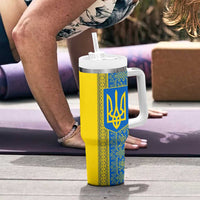 Ukrainian Flag Colors Tumbler With Handle with Trident Crest and Traditional Folk Pattern