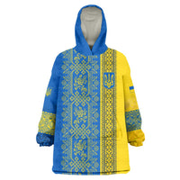 Ukrainian Flag Colors Wearable Blanket Hoodie with Trident Crest and Traditional Folk Pattern