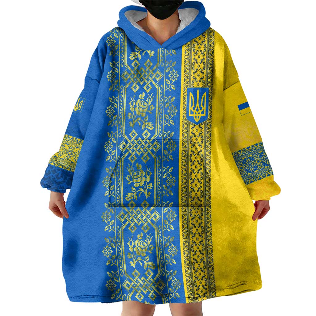 Ukrainian Flag Colors Wearable Blanket Hoodie with Trident Crest and Traditional Folk Pattern