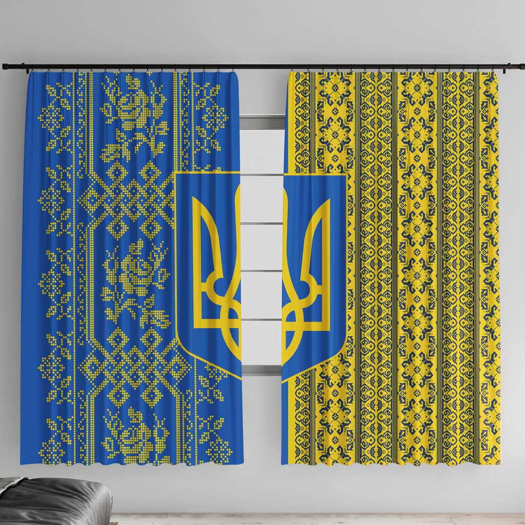 Ukrainian Flag Colors Window Curtain with Trident Crest and Traditional Folk Pattern