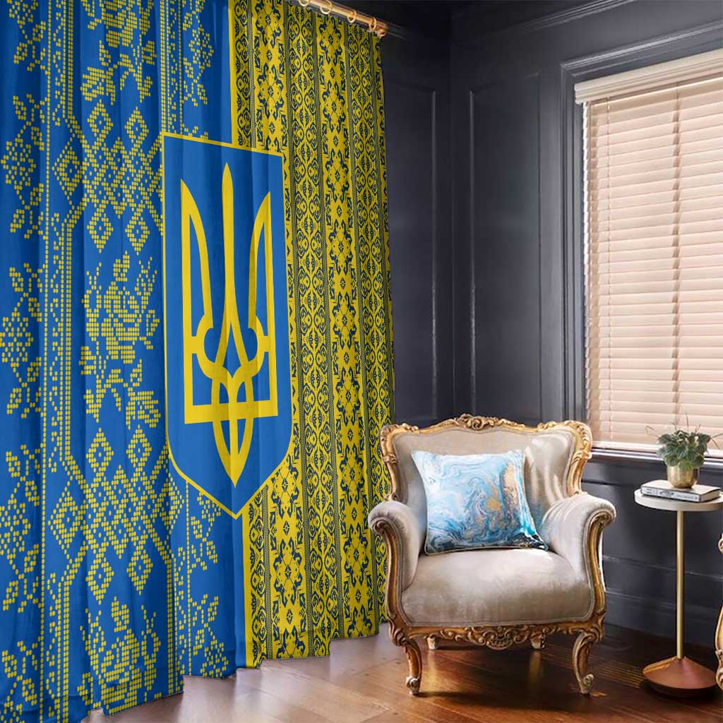 Ukrainian Flag Colors Window Curtain with Trident Crest and Traditional Folk Pattern