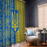 Ukrainian Flag Colors Window Curtain with Trident Crest and Traditional Folk Pattern