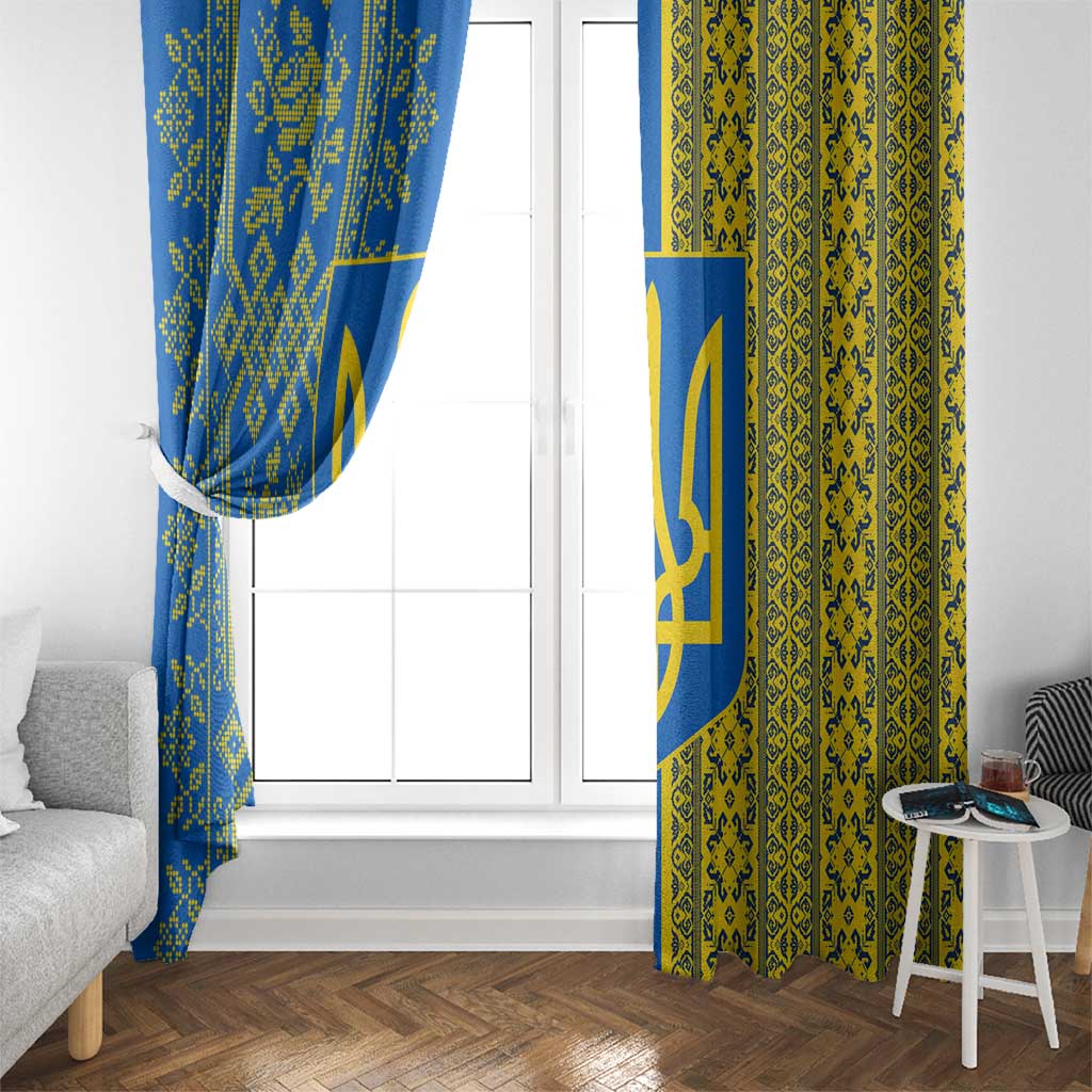 Ukrainian Flag Colors Window Curtain with Trident Crest and Traditional Folk Pattern