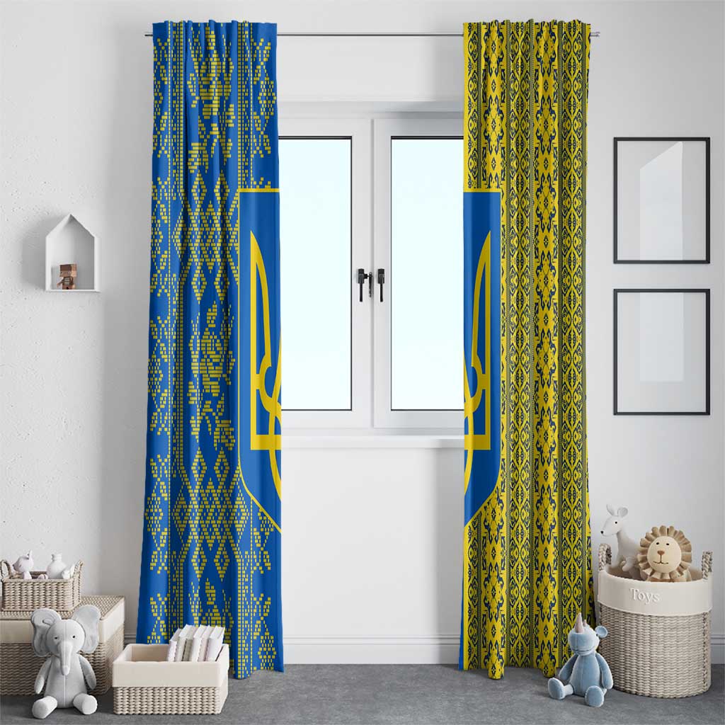 Ukrainian Flag Colors Window Curtain with Trident Crest and Traditional Folk Pattern