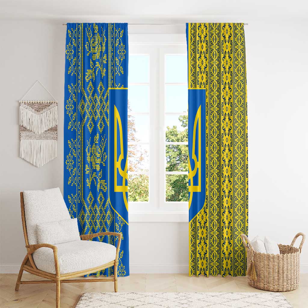 Ukrainian Flag Colors Window Curtain with Trident Crest and Traditional Folk Pattern