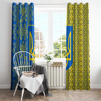 Ukrainian Flag Colors Window Curtain with Trident Crest and Traditional Folk Pattern