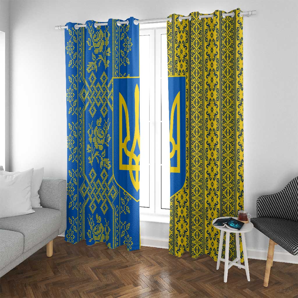 Ukrainian Flag Colors Window Curtain with Trident Crest and Traditional Folk Pattern