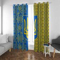 Ukrainian Flag Colors Window Curtain with Trident Crest and Traditional Folk Pattern