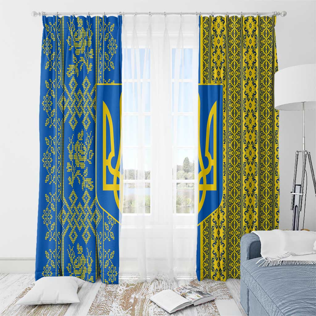 Ukrainian Flag Colors Window Curtain with Trident Crest and Traditional Folk Pattern