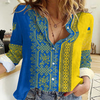 Ukrainian Flag Colors Women Casual Shirt with Trident Crest and Traditional Folk Pattern