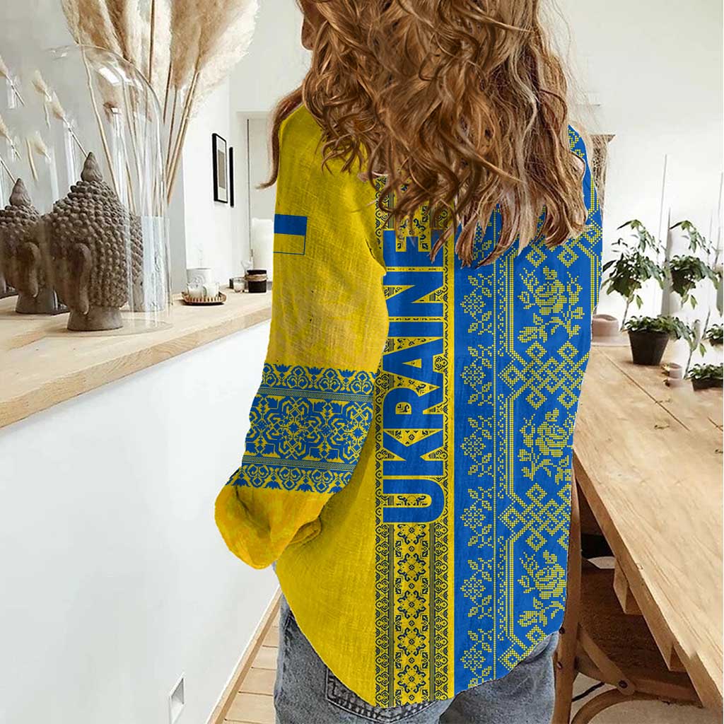 Ukrainian Flag Colors Women Casual Shirt with Trident Crest and Traditional Folk Pattern