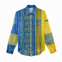 Ukrainian Flag Colors Women Casual Shirt with Trident Crest and Traditional Folk Pattern
