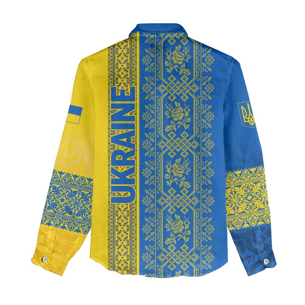 Ukrainian Flag Colors Women Casual Shirt with Trident Crest and Traditional Folk Pattern
