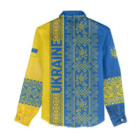 Ukrainian Flag Colors Women Casual Shirt with Trident Crest and Traditional Folk Pattern