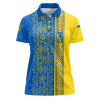 Ukrainian Flag Colors Women Polo Shirt with Trident Crest and Traditional Folk Pattern
