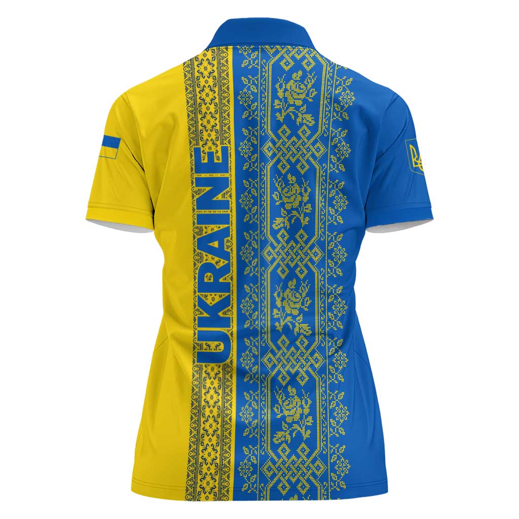Ukrainian Flag Colors Women Polo Shirt with Trident Crest and Traditional Folk Pattern