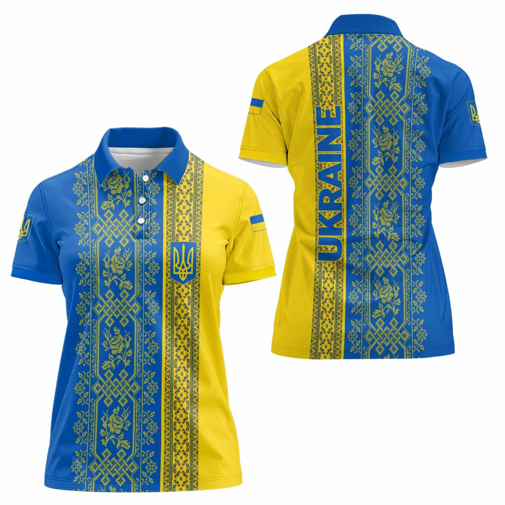 Ukrainian Flag Colors Women Polo Shirt with Trident Crest and Traditional Folk Pattern