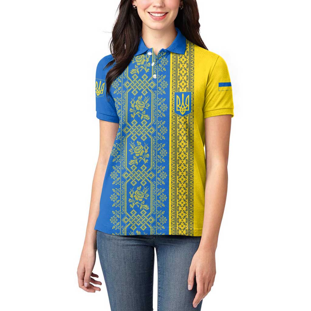 Ukrainian Flag Colors Women Polo Shirt with Trident Crest and Traditional Folk Pattern