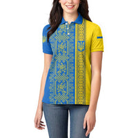 Ukrainian Flag Colors Women Polo Shirt with Trident Crest and Traditional Folk Pattern