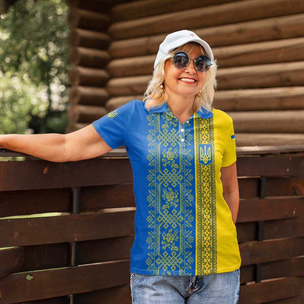Ukrainian Flag Colors Women Polo Shirt with Trident Crest and Traditional Folk Pattern