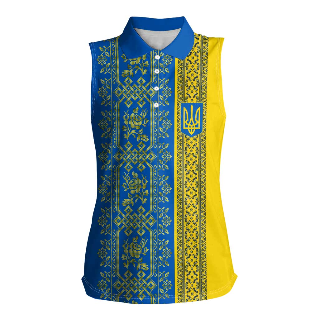 Ukrainian Flag Colors Women Sleeveless Polo Shirt with Trident Crest and Traditional Folk Pattern