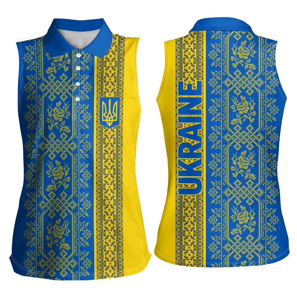 Ukrainian Flag Colors Women Sleeveless Polo Shirt with Trident Crest and Traditional Folk Pattern