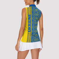 Ukrainian Flag Colors Women Sleeveless Polo Shirt with Trident Crest and Traditional Folk Pattern