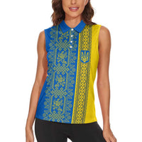 Ukrainian Flag Colors Women Sleeveless Polo Shirt with Trident Crest and Traditional Folk Pattern