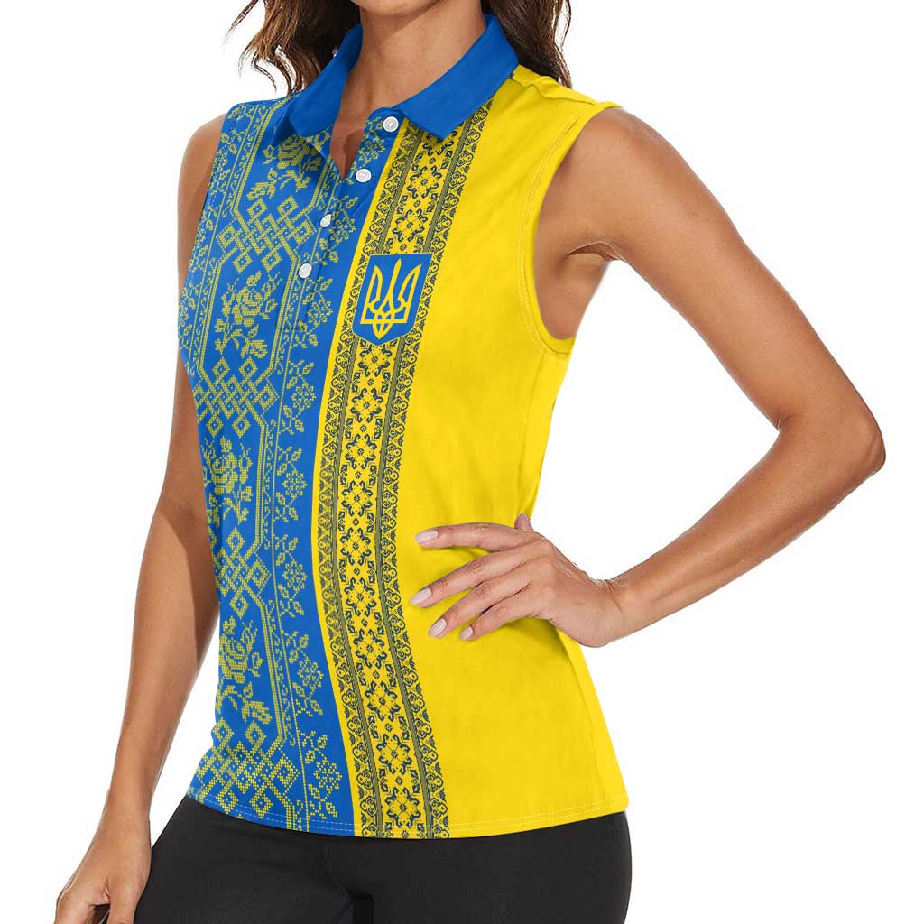 Ukrainian Flag Colors Women Sleeveless Polo Shirt with Trident Crest and Traditional Folk Pattern