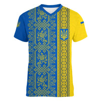 Ukrainian Flag Colors Women V-Neck T-Shirt with Trident Crest and Traditional Folk Pattern