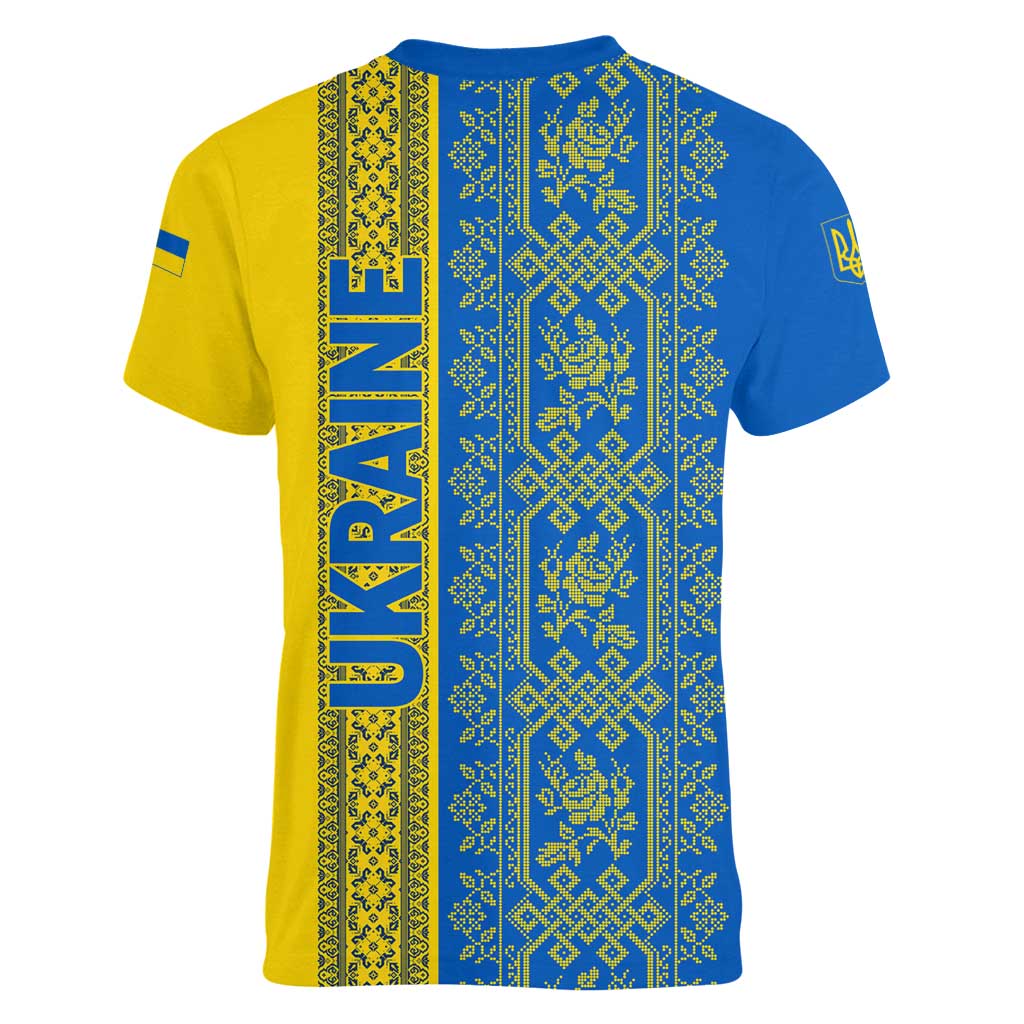 Ukrainian Flag Colors Women V-Neck T-Shirt with Trident Crest and Traditional Folk Pattern