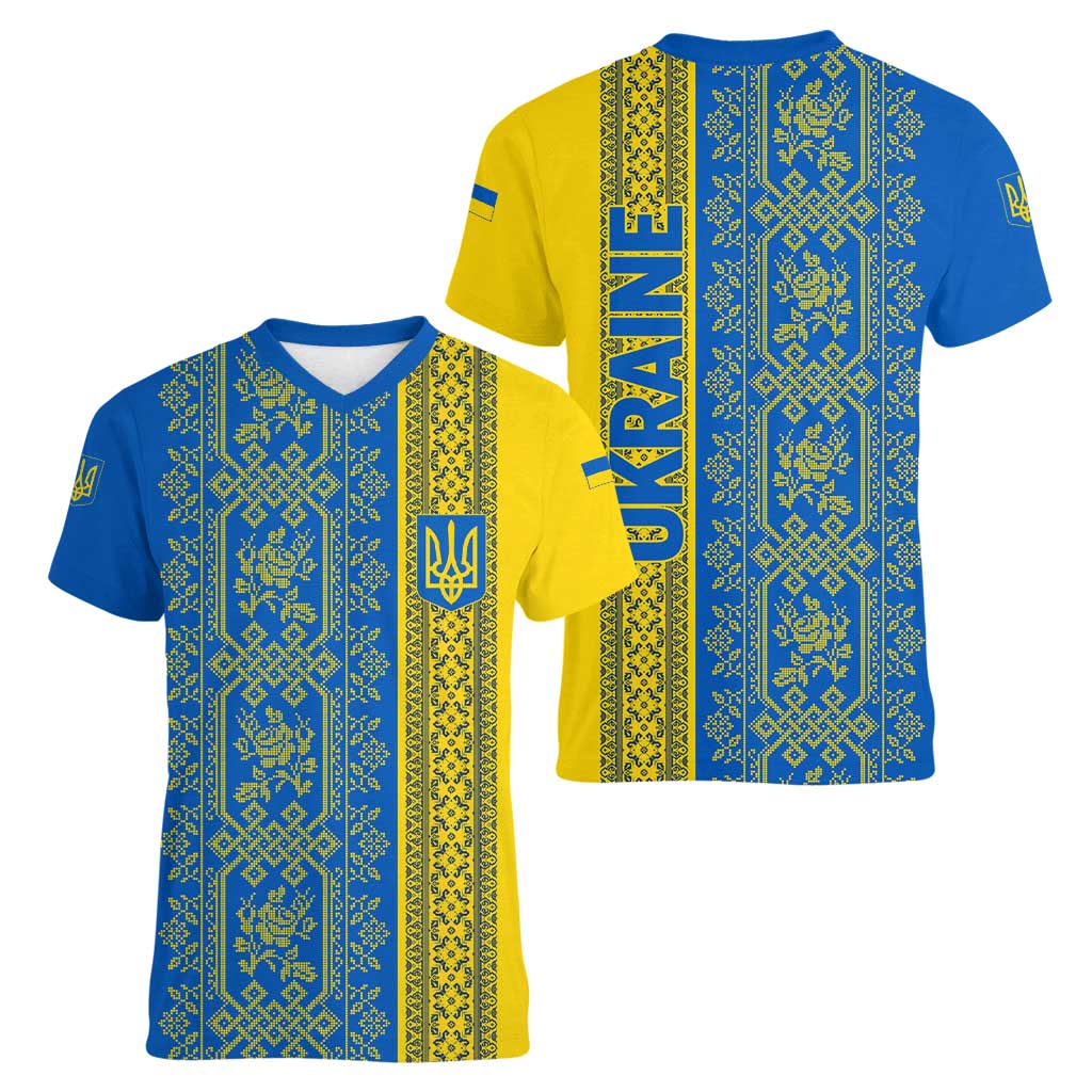 Ukrainian Flag Colors Women V-Neck T-Shirt with Trident Crest and Traditional Folk Pattern