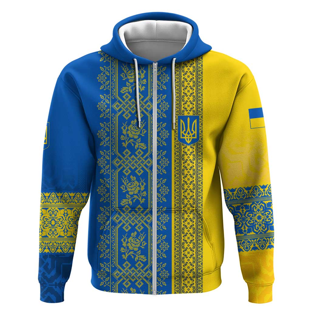 Ukrainian Flag Colors Zip Hoodie with Trident Crest and Traditional Folk Pattern