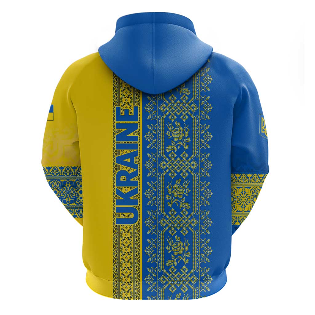 Ukrainian Flag Colors Zip Hoodie with Trident Crest and Traditional Folk Pattern